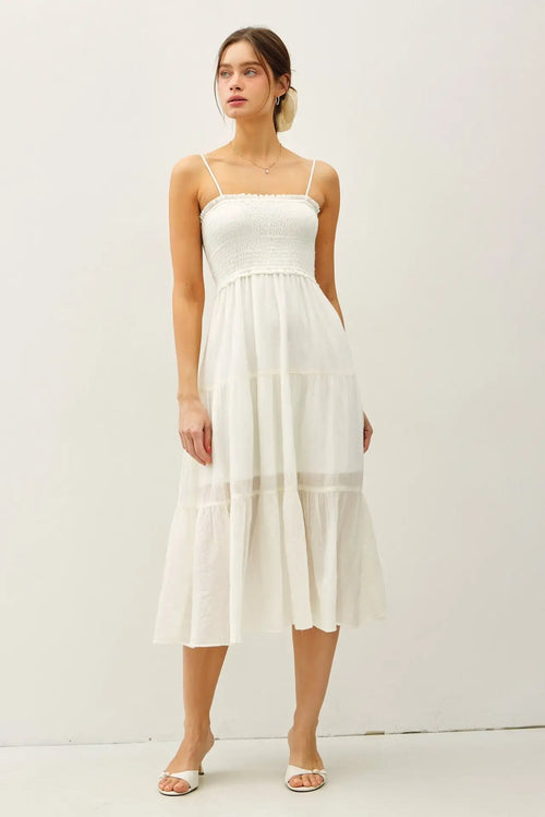 White tiered midi dress in womenās boho chic clothing from Shop Daisy