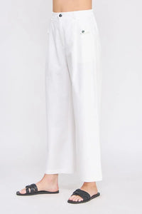 White cotton elastic back waist pants with stretchy waistband and accent buttons