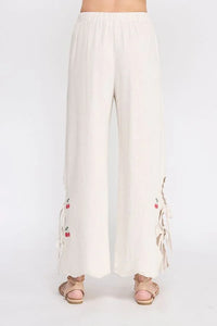 White linen elastic waist embroidered pants with cherry embroidery suitable for casual wear