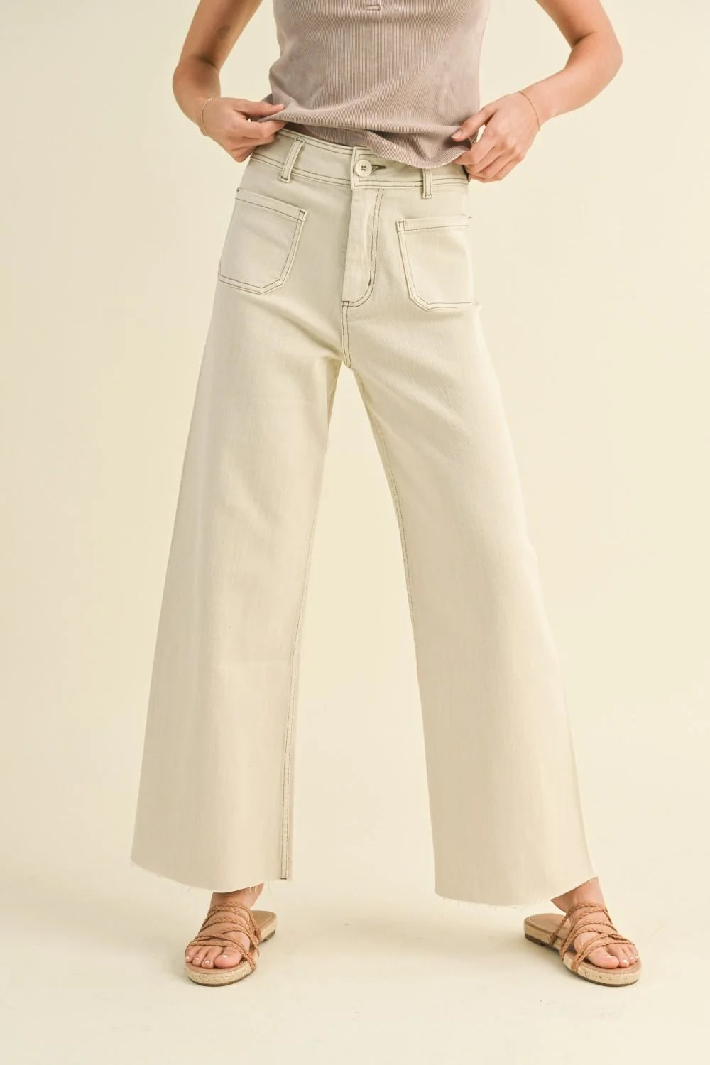Stylish wide leg denim beige pants from Daisy Lane featuring front pockets