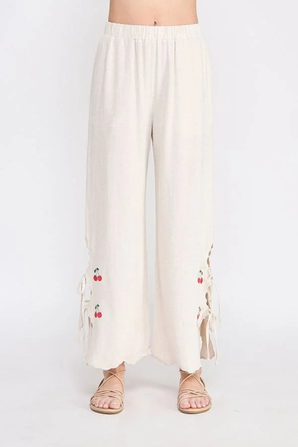 Wide-leg linen elastic waist embroidered pants with cherry embroidery and tie details
