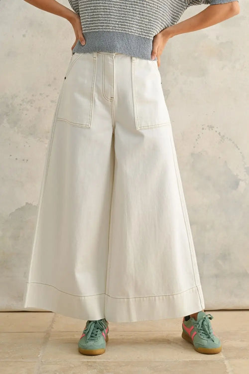Wide-leg white pants from STITCH DETAIL WIDE LEG PANTS, perfect for womenās boho chic clothing