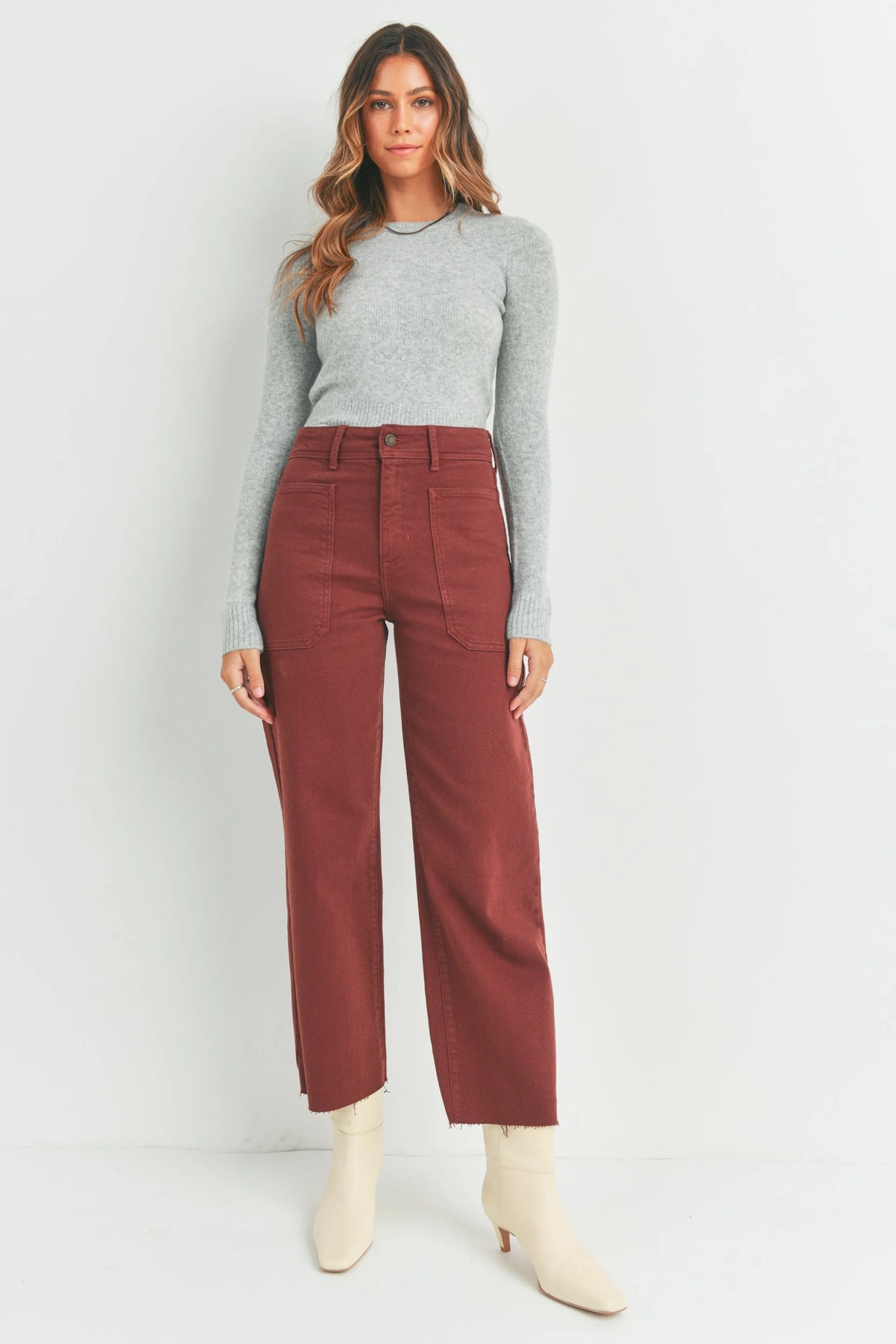 Woman in a grey sweater and maroon pants featuring Nautical Wide Leg Denim style