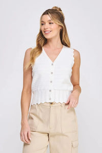 Woman wearing Pointelle Knit Button Vest with Scallop Edges and khaki cargo pants