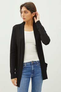 Woman wearing a black cotton blend knit open front cardigan from COTTON BLEND KNIT OPEN CARDIGAN collection