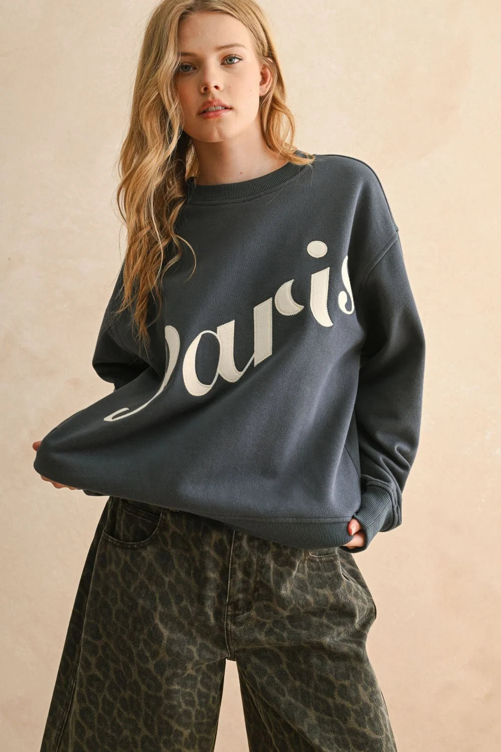 Women’s boho chic clothing Paris patch front sweatshirt with dark green animal print pants