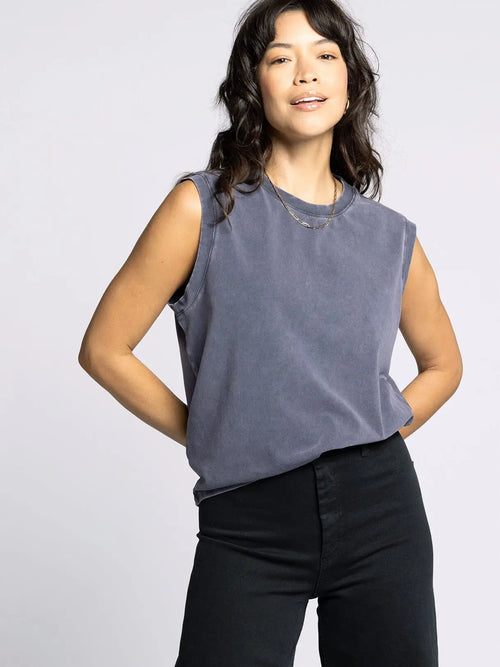Woman wearing THREAD AND SUPPLY MOCA TANK with crew neckline and relaxed fit, womenās boho chic clothing