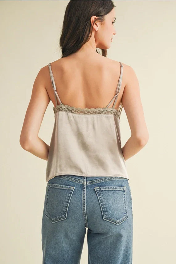 Light gray satin lace V neck cami top for women’s boho chic clothing