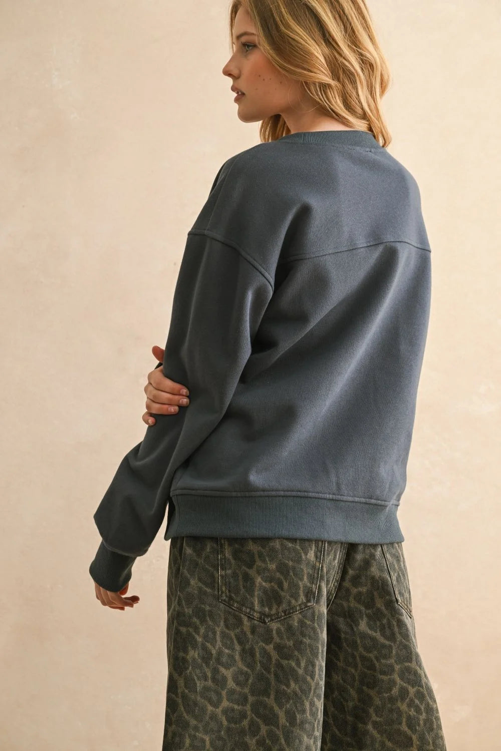 Paris Patch women’s boho chic clothing oversized dark blue-gray sweatshirt with animal print pants