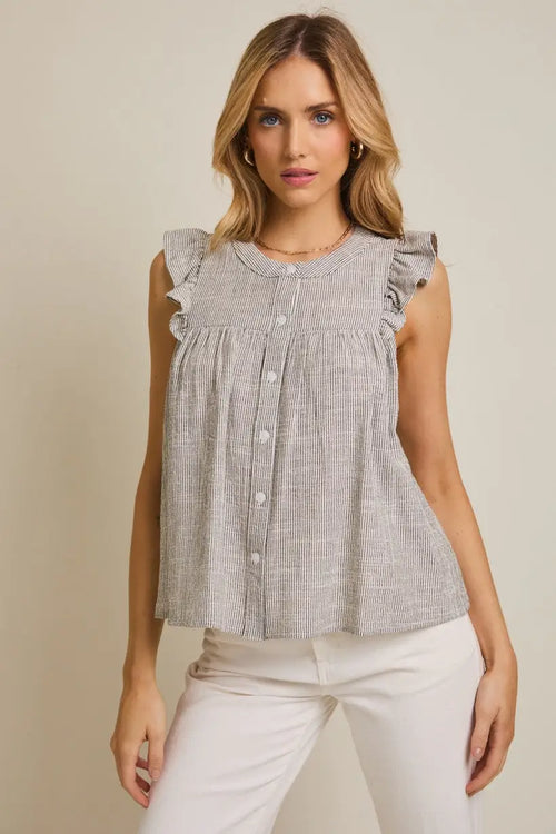 Woman wearing round neck button ruffle sleeve stripe top from ROUND NECK BUTTON UP collection