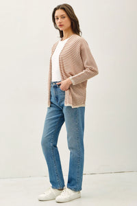 Women’s beige and black striped dolman sleeve open cardigan for stylish layering