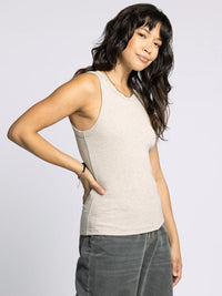 Beige ribbed Edlin Basic Tank with crew neck for women