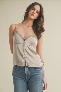 Women’s beige satin lace V neck cami top with lace trim, ideal for women’s boho chic clothing