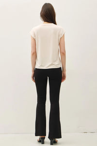 Women’s beige bamboo cap sleeve basic round neck top with black flare pants