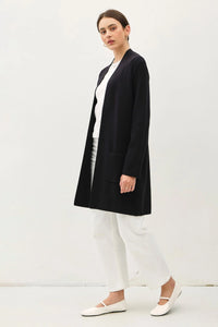Women’s black open-front long cardigan, classic knit coat for stylish layering