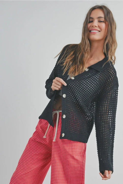 Womenās black open stitch crochet collar cardigan from OPEN STITCH CROCHET collection
