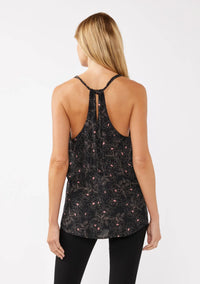 Womenās black floral print spaghetti strap swing tank top with keyhole back