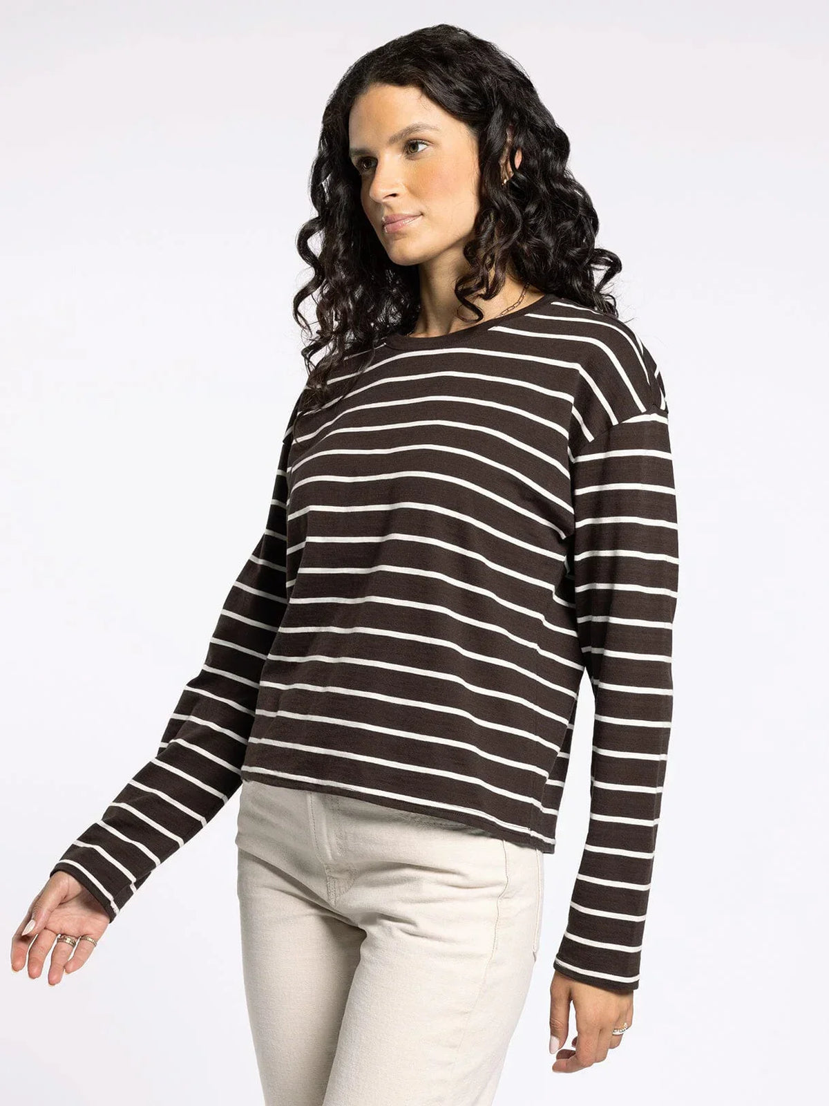 Women’s black and white striped long-sleeve crewneck shirt from Thread and Supply Nellie for women’s boho chic clothing at Shop Daisy