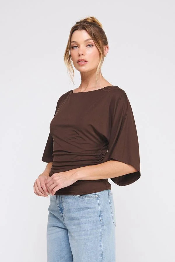 Women’s brown double knit angel sleeve cinch side top with side ruching and dolman sleeves
