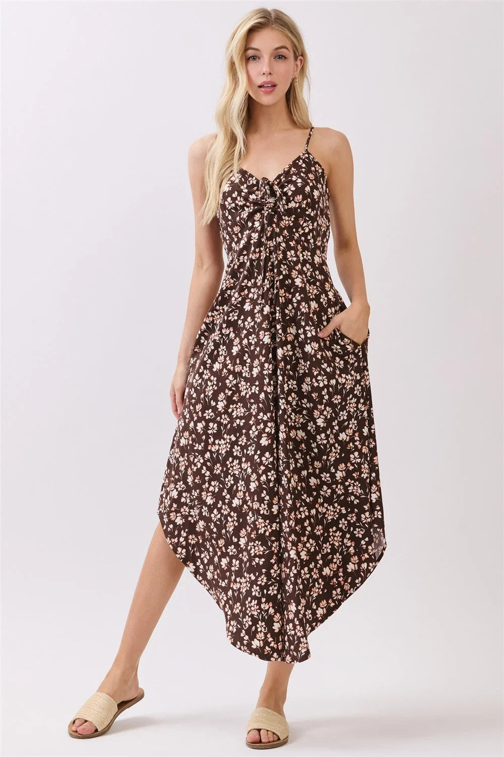 Women’s brown floral print midi dress with chest ruched round hem and spaghetti straps