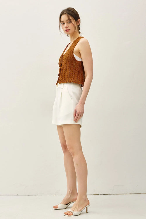 Womenās WAVY KNIT TIE FASTENING VEST with white shorts and heeled mules