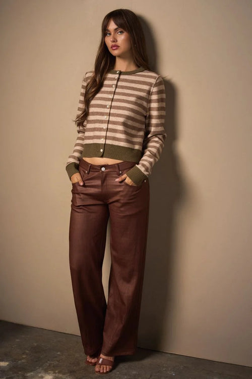 Womenās long sleeve stripe cropped cardigan in brown and tan with wide-leg pants