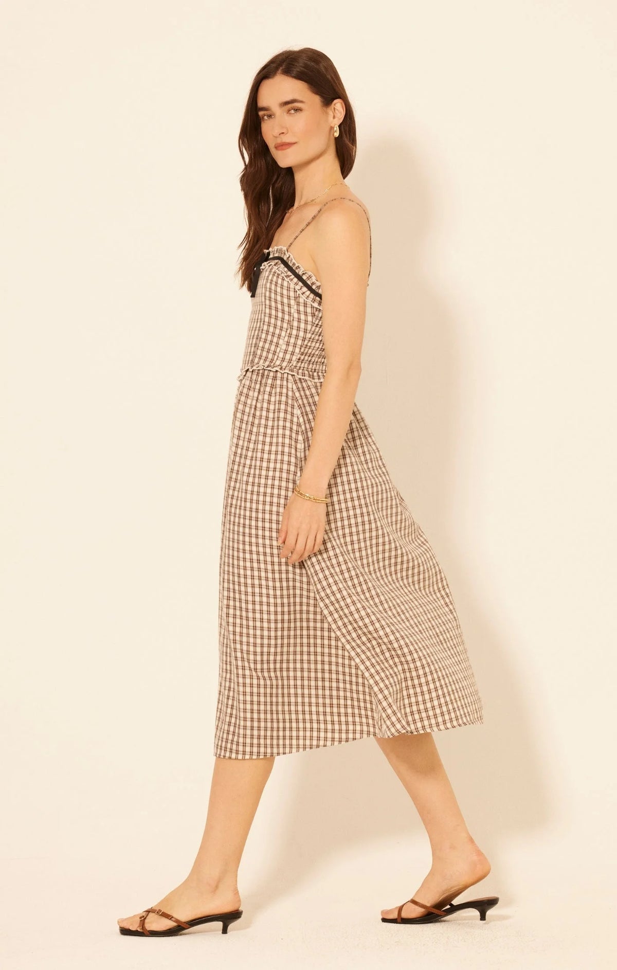 Women’s Aspen Plaid Midi Dress with brown and white gingham pattern, black trim, and spaghetti straps