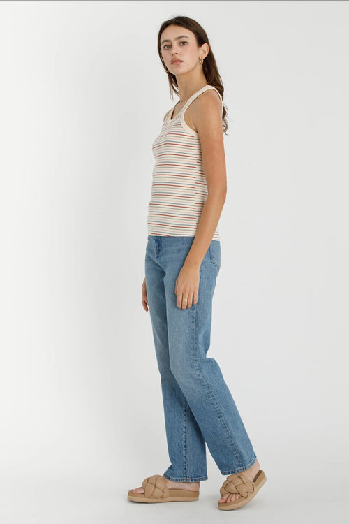 Womenās cream and red ribbed cotton multi striped tank top for casual wear