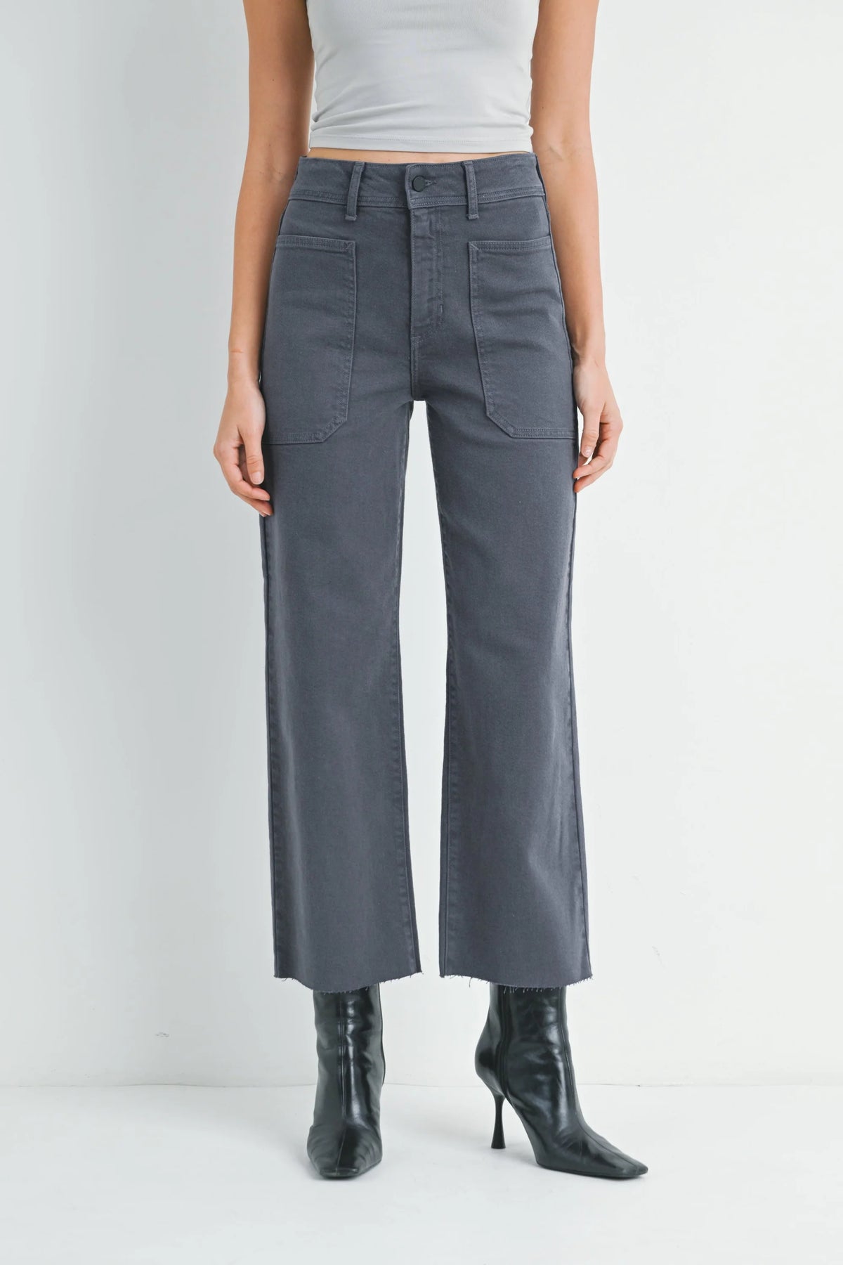 Women’s cropped wide leg denim cargo pants in charcoal grey from NAUTICAL HIGH RISE collection