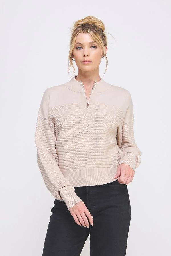 Women’s beige fine gauge dolman twin texture rib sweater with half-zip neckline