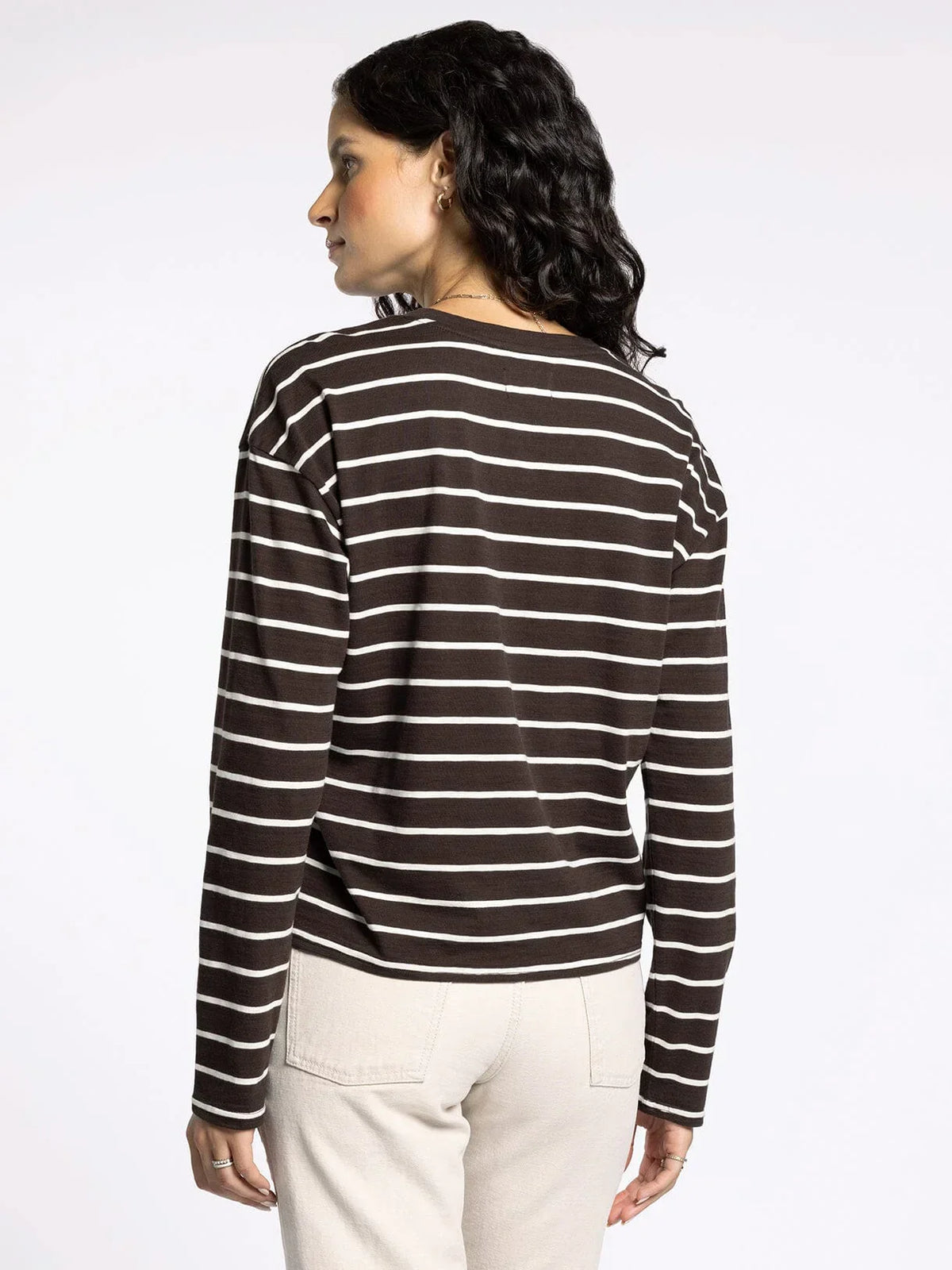 Women’s long-sleeve black and white striped shirt from THREAD AND SUPPLY NELLIE TOP, perfect for women’s boho chic clothing