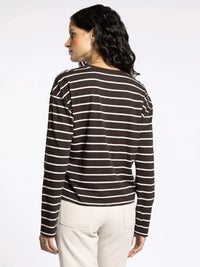 Women’s long-sleeve black and white striped shirt from THREAD AND SUPPLY NELLIE TOP, perfect for women’s boho chic clothing