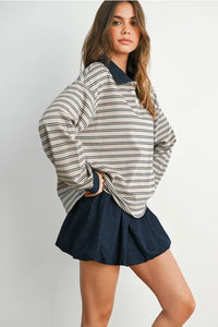 Women’s striped collared long sleeve polo shirt from the QUARTER-BUTTON STRIPED COLLARED LONG SLEEVE TOP collection