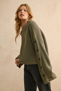 Women’s olive green long sleeve sweater with wide neck long design and side buttons