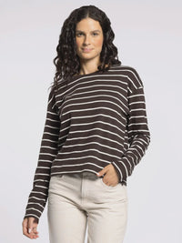 Women’s boho chic clothing THREAD AND SUPPLY NELLIE TOP in dark brown and white stripes