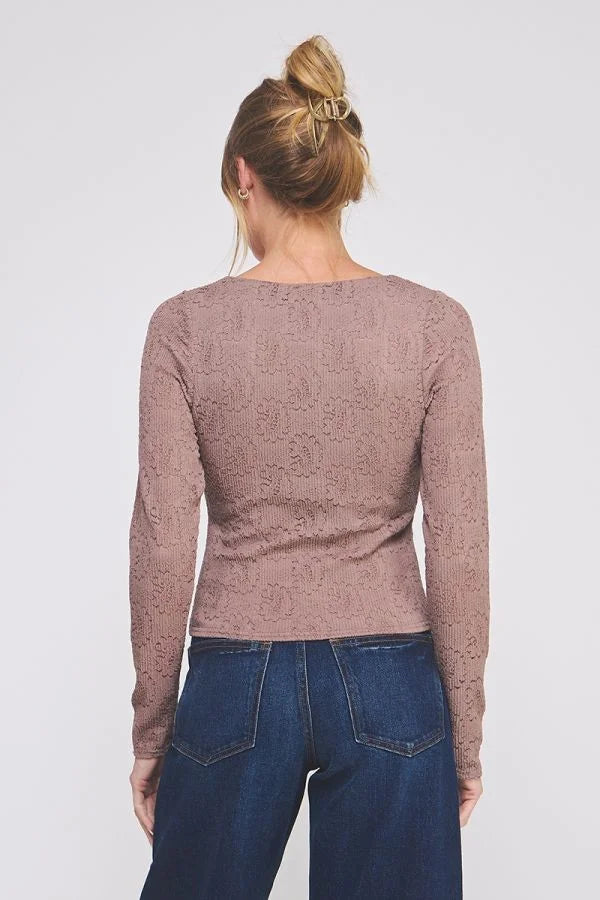 Women’s mauve long-sleeved knit embroidered lace top with square neck design
