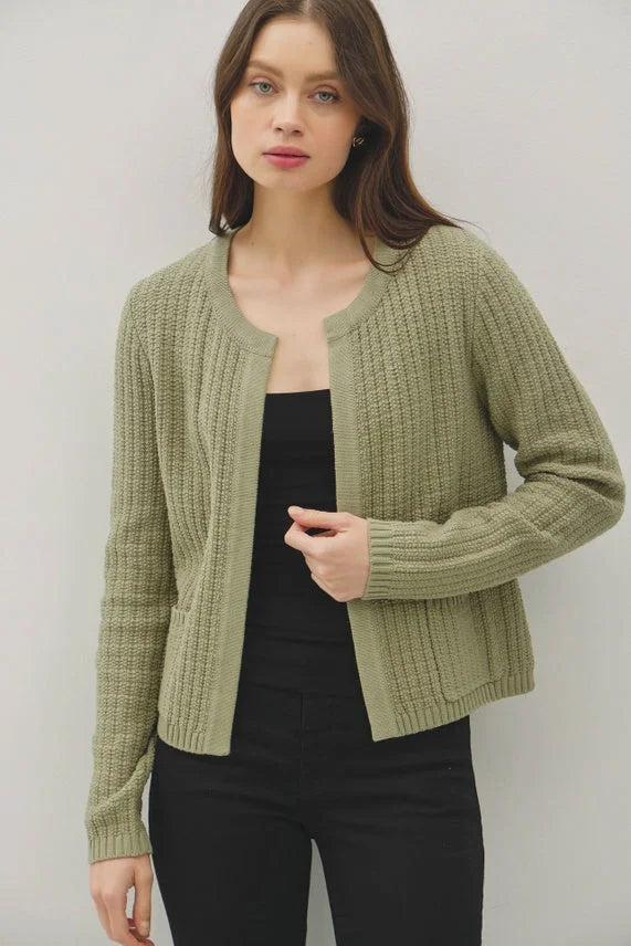 Women’s olive green chunky knit open front cardigan with long sleeves and front pockets