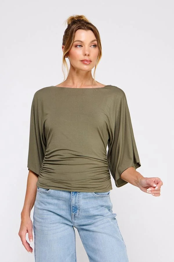 Women’s olive green double knit angel sleeve top with cinch side and dolman sleeves