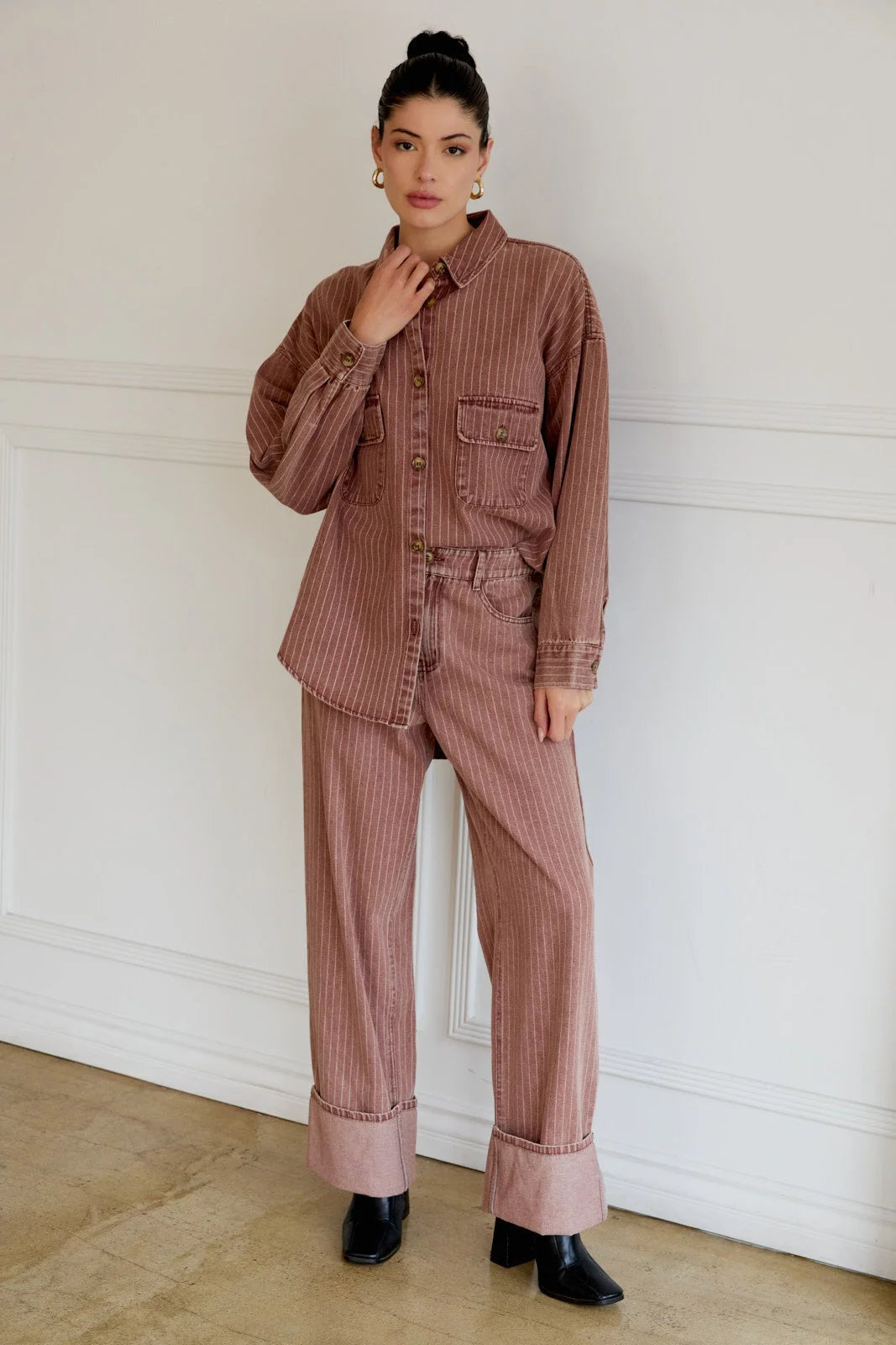 Women’s striped long-sleeve button-up shirt with matching wide leg strip denim pants