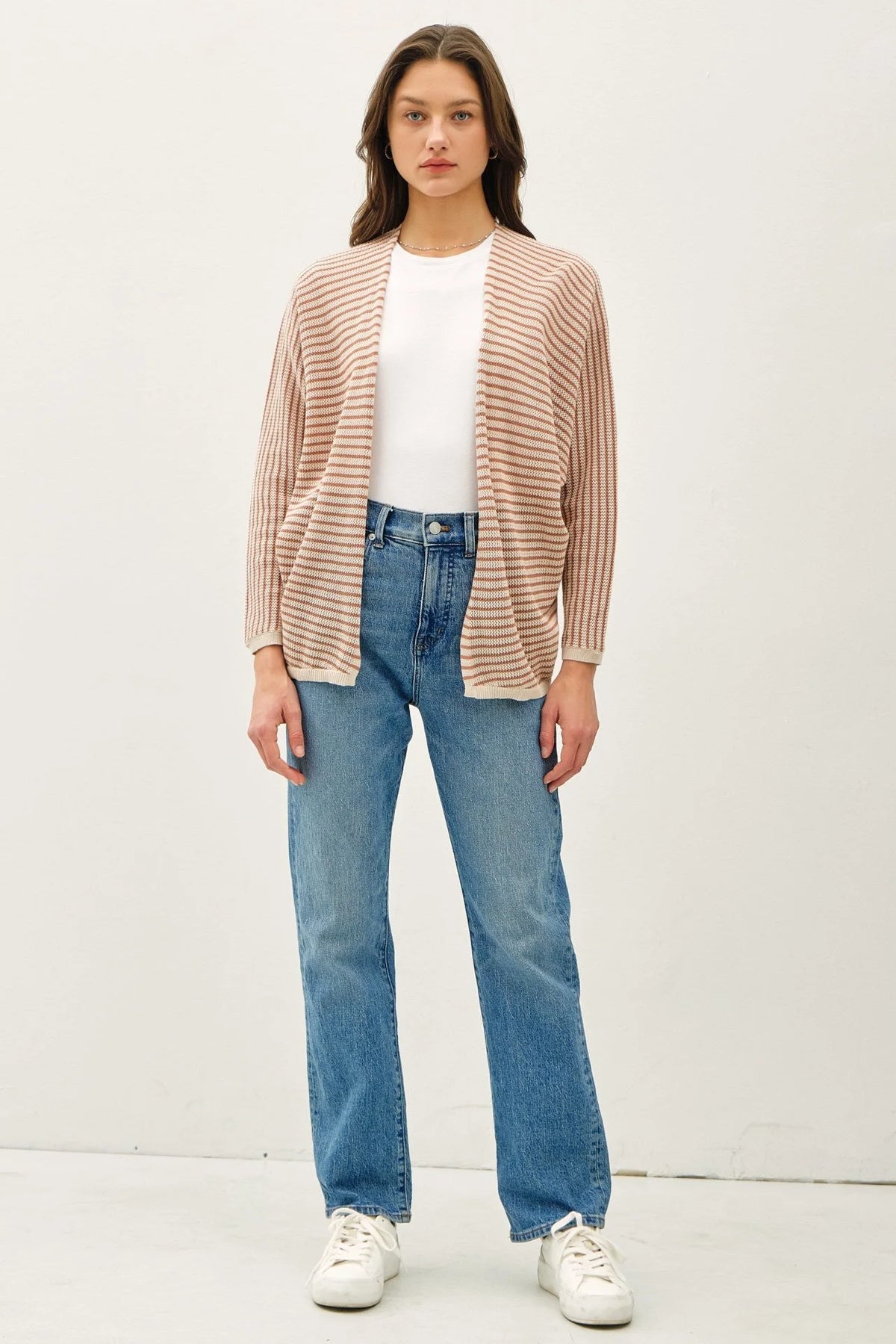 Women’s striped dolman sleeve open cardigan displayed in the STRIPED DOLMAN SLEEVE OPEN CARDIGAN collection