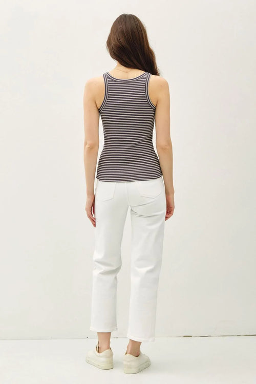 Womenās boho chic clothing stripe tank top with white capri jeans from Shop Daisy