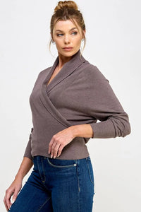 Wrap-style gray sweater with a shawl collar and soft mixed texture, three-quarter sleeves