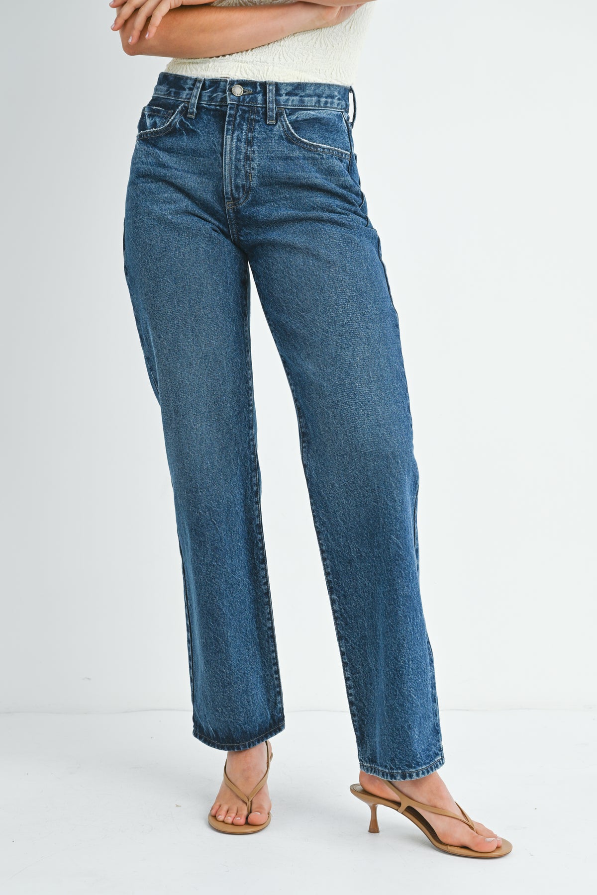 Pair of women’s medium wash blue denim straight leg relaxed fit jeans with high waist