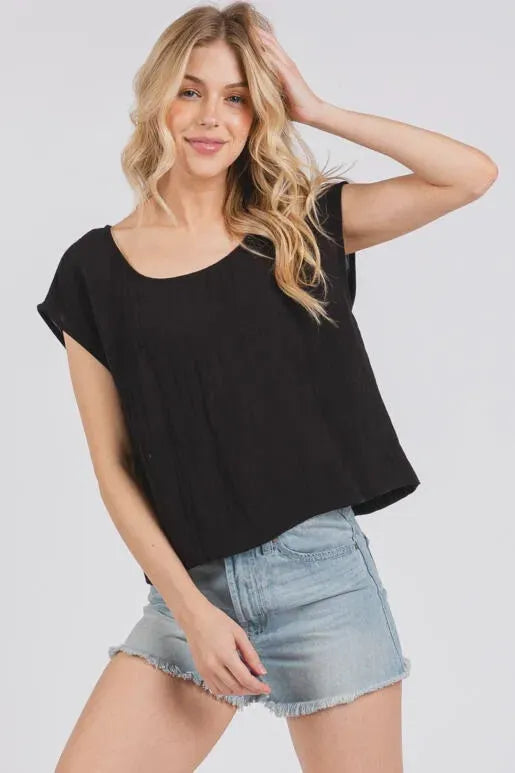 WOVEN ROUND NECK BOXY TOP