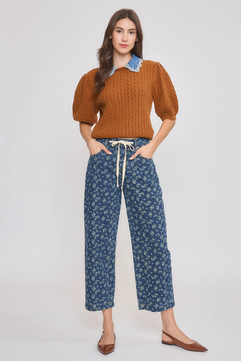 HIGH RISE FLORAL STRAIGHT LEG DENIM JEANS