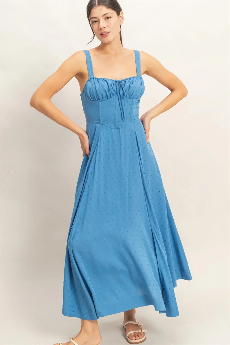 Blue boned tie back maxi dress with gathered bodice and eyelet detailing