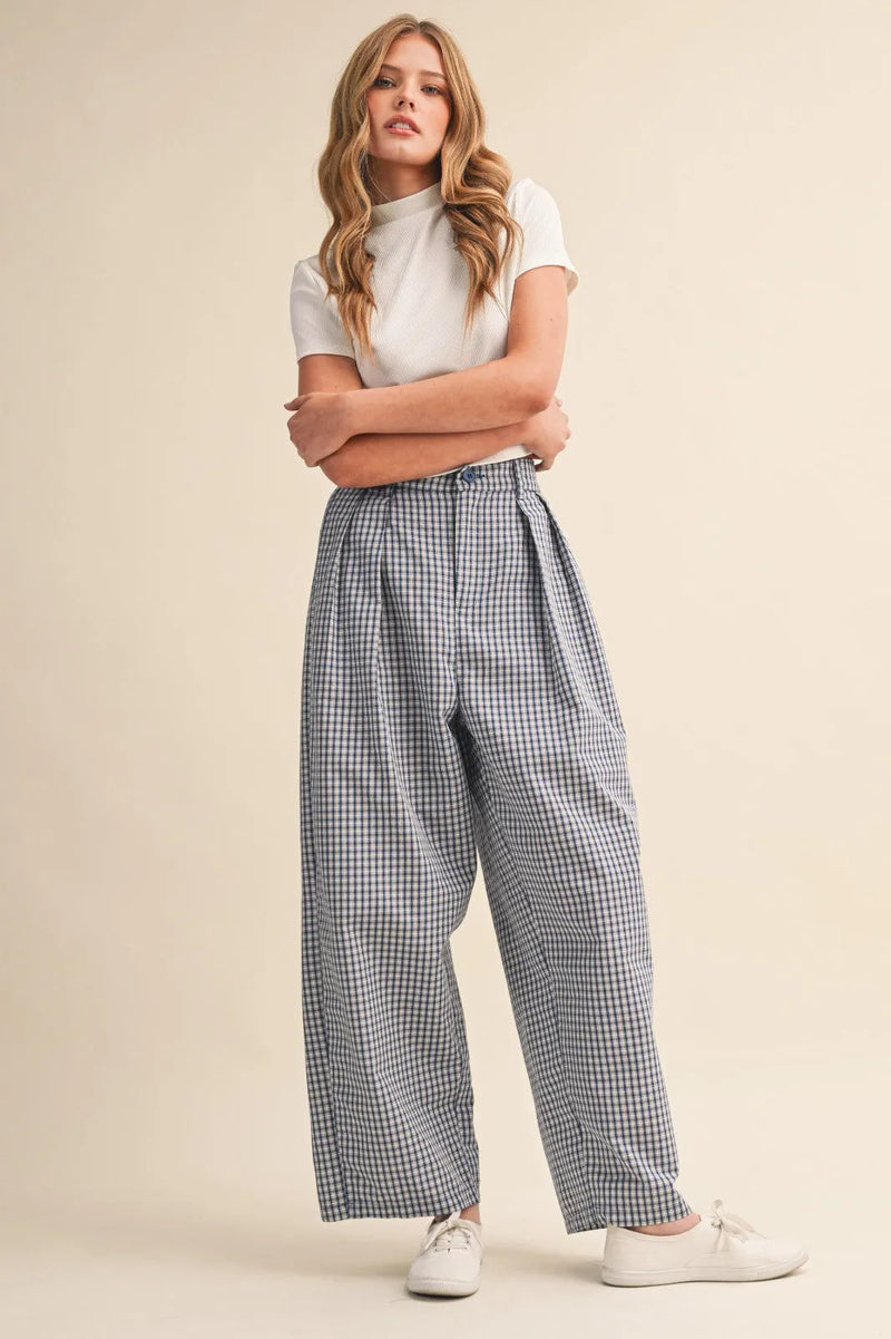 CHECK PATTERN PINTUCK PANTS
