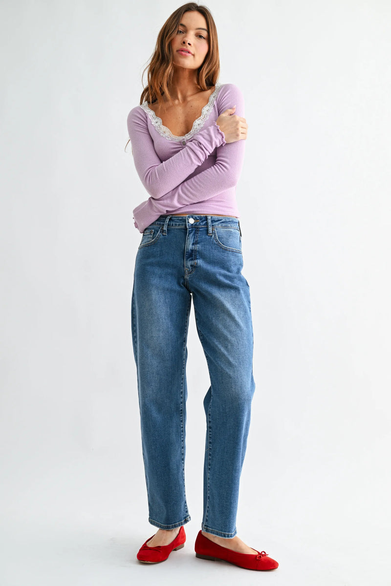 MID RISE BOWED STRAIGHT LEG JEANS DENIM