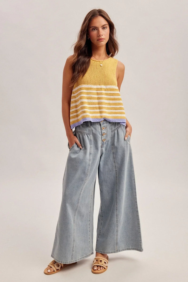 High rise wide leg buttons front denim with yellow white striped knit top