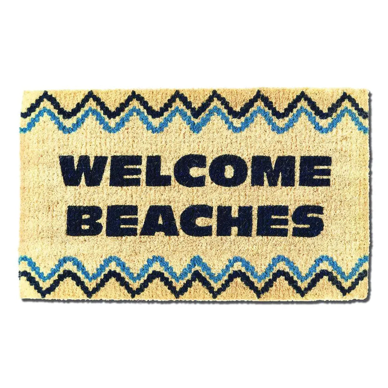 Doormat that says, "Welcome Beaches," with zig zag borders. 